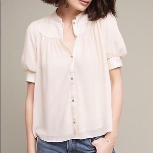 Anthropologie Cream Puff-Sleeve Button Front Blouse
